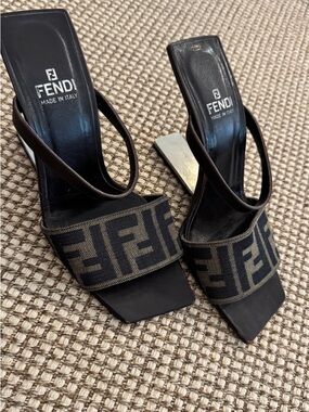 Fendi Brown and Black FF Logo Square-Toe Heels